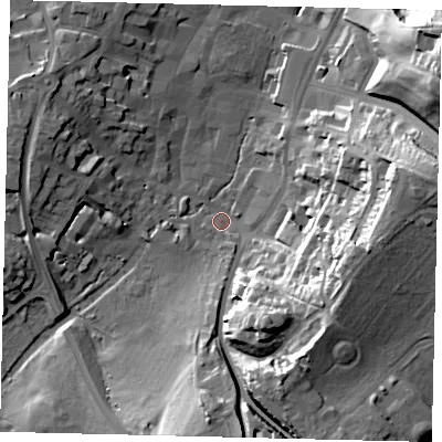 Shaded relief map of the ground around SG52DF, computed from Environment Agency LiDAR. The ground here sits at about 64 m above sea level and falls 34 m across the surrounding 800 m. Surface water reaching this point runs off ground lying to the east, 29.2 m higher.