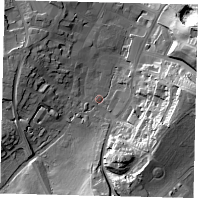 Shaded relief map of the ground around SG52DJ, computed from Environment Agency LiDAR. The ground here sits at about 64 m above sea level and falls 33 m across the surrounding 800 m. Surface water reaching this point runs off ground lying to the east, 29.2 m higher.
