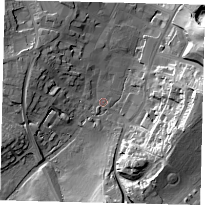 Shaded relief map of the ground around SG52DN, computed from Environment Agency LiDAR. The ground here sits at about 64 m above sea level and falls 31 m across the surrounding 800 m. Surface water reaching this point runs off ground lying to the west-north-west, 11.5 m higher.