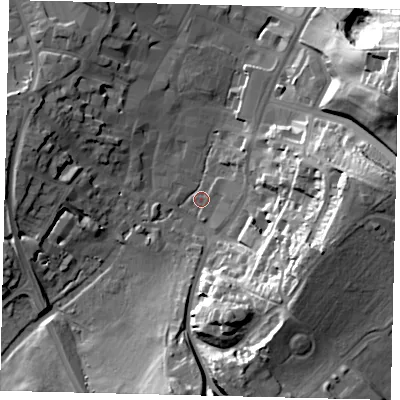 Shaded relief map of the ground around SG52DP, computed from Environment Agency LiDAR. The ground here sits at about 64 m above sea level and falls 36 m across the surrounding 800 m. Surface water reaching this point runs off ground lying to the east, 29.2 m higher.