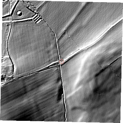 Shaded relief map of the ground around SG53HN, computed from Environment Agency LiDAR. The ground here sits at about 53 m above sea level and falls 26 m across the surrounding 800 m. Surface water reaching this point runs off ground lying to the south-west, 22.3 m higher.