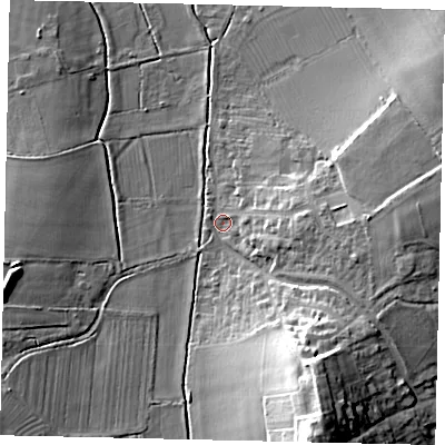 Shaded relief map of the ground around SG53NU, computed from Environment Agency LiDAR. The ground here sits at about 49 m above sea level and falls 25 m across the surrounding 800 m. Surface water reaching this point runs off ground lying to the east, 8.2 m higher.