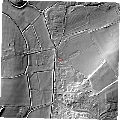 Shaded relief map of the ground around SG53NY, computed from Environment Agency LiDAR. The ground here sits at about 48 m above sea level and falls 15 m across the surrounding 800 m. Surface water reaching this point runs off ground lying to the east-south-east, 10.7 m higher.