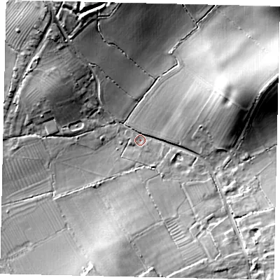 Shaded relief map of the ground around SG53PE, computed from Environment Agency LiDAR. The ground here sits at about 53 m above sea level and falls 24 m across the surrounding 800 m. Surface water reaching this point runs off ground lying to the east-north-east, 16.7 m higher.
