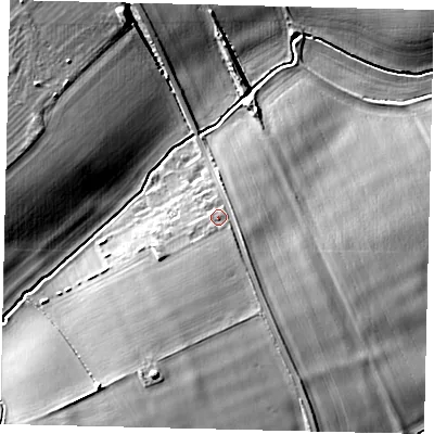 Shaded relief map of the ground around SG53RX, computed from Environment Agency LiDAR. The ground here sits at about 51 m above sea level and falls 13 m across the surrounding 800 m. Surface water reaching this point runs off ground lying to the south-south-east, 3.1 m higher.