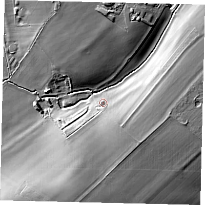Shaded relief map of the ground around SG53SE, computed from Environment Agency LiDAR. The ground here sits at about 51 m above sea level and falls 16 m across the surrounding 800 m. Surface water reaching this point runs off ground lying to the south-south-east, 10.4 m higher.