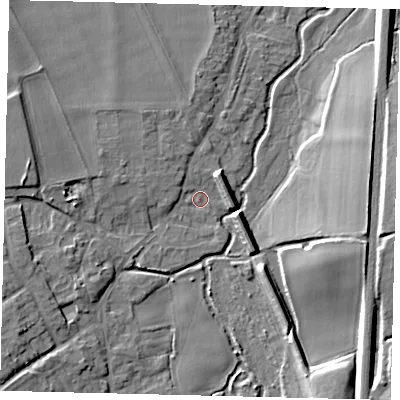 Shaded relief map of the ground around SG53TQ, computed from Environment Agency LiDAR. The ground here sits at about 49 m above sea level and falls 12 m across the surrounding 800 m. Surface water reaching this point runs off ground lying to the west-north-west, 2.9 m higher.