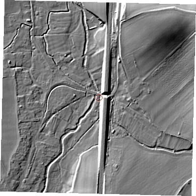 Shaded relief map of the ground around SG53TZ, computed from Environment Agency LiDAR. The ground here sits at about 47 m above sea level and falls 25 m across the surrounding 800 m. Surface water reaching this point runs off ground lying to the north-east, 23.9 m higher.
