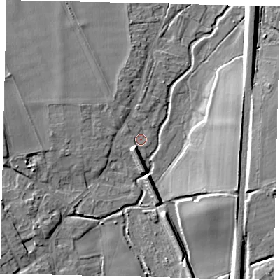 Shaded relief map of the ground around SG53UD, computed from Environment Agency LiDAR. The ground here sits at about 49 m above sea level and falls 13 m across the surrounding 800 m. Surface water reaching this point runs off ground lying to the west, 7.5 m higher.