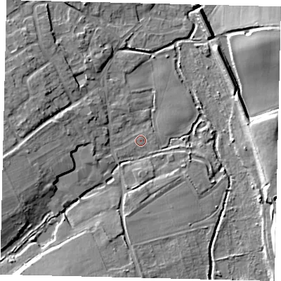 Shaded relief map of the ground around SG53UP, computed from Environment Agency LiDAR. The ground here sits at about 51 m above sea level and falls 12 m across the surrounding 800 m. Surface water reaching this point runs off ground lying to the west, 9.2 m higher.