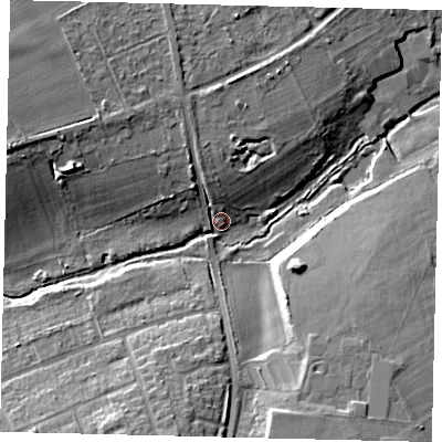 Shaded relief map of the ground around SG53XG, computed from Environment Agency LiDAR. The ground here sits at about 56 m above sea level and falls 13 m across the surrounding 800 m. Surface water reaching this point runs off ground lying to the west-north-west, 10.1 m higher.