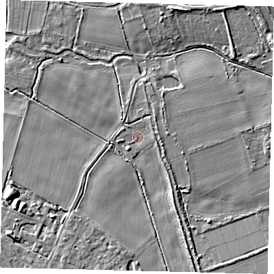 Shaded relief map of the ground around SG54AZ, computed from Environment Agency LiDAR. The ground here sits at about 43 m above sea level and falls 10 m across the surrounding 800 m. Surface water reaching this point runs off ground lying to the east-north-east, 1.8 m higher.
