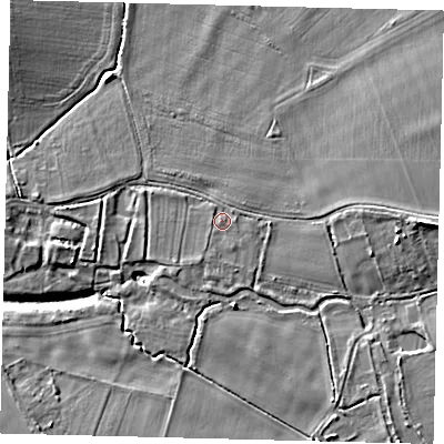 Shaded relief map of the ground around SG54BJ, computed from Environment Agency LiDAR. The ground here sits at about 42 m above sea level and falls 11 m across the surrounding 800 m. Surface water reaching this point runs off ground lying to the south-south-east, 0.8 m higher.