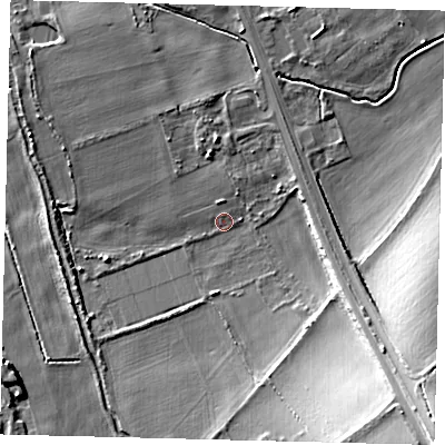 Shaded relief map of the ground around SG54BL, computed from Environment Agency LiDAR. The ground here sits at about 44 m above sea level and falls 22 m across the surrounding 800 m. Surface water reaching this point runs off ground lying to the south-east, 19.1 m higher.