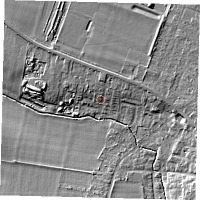 Shaded relief map of the ground around SG54HD, computed from Environment Agency LiDAR. The ground here sits at about 46 m above sea level and falls 11 m across the surrounding 800 m. Surface water reaching this point runs off ground lying to the north-north-east, 4.1 m higher.