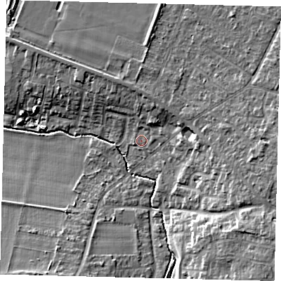 Shaded relief map of the ground around SG54HL, computed from Environment Agency LiDAR. The ground here sits at about 45 m above sea level and falls 11 m across the surrounding 800 m. Surface water reaching this point runs off ground lying to the east-north-east, 3.9 m higher.