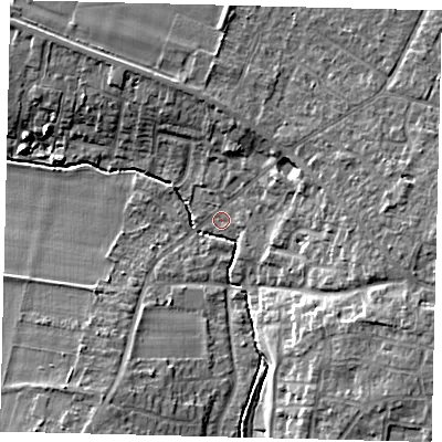 Shaded relief map of the ground around SG54HP, computed from Environment Agency LiDAR. The ground here sits at about 45 m above sea level and falls 11 m across the surrounding 800 m. Surface water reaching this point runs off ground lying to the south-east, 9.2 m higher.