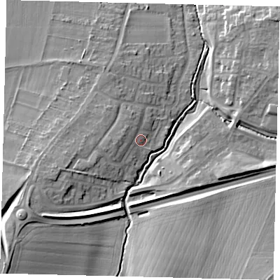 Shaded relief map of the ground around SG54JD, computed from Environment Agency LiDAR. The ground here sits at about 49 m above sea level and falls 16 m across the surrounding 800 m. Surface water reaching this point runs off ground lying to the west-north-west, 2.5 m higher.