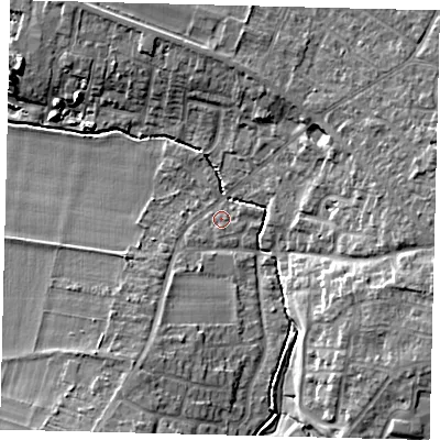 Shaded relief map of the ground around SG54JF, computed from Environment Agency LiDAR. The ground here sits at about 45 m above sea level and falls 11 m across the surrounding 800 m. Surface water reaching this point runs off ground lying to the south-east, 9.3 m higher.