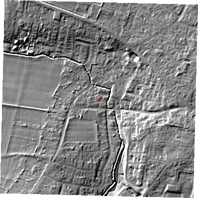 Shaded relief map of the ground around SG54JP, computed from Environment Agency LiDAR. The ground here sits at about 45 m above sea level and falls 11 m across the surrounding 800 m. Surface water reaching this point runs off ground lying to the north-north-east, 0.7 m higher.