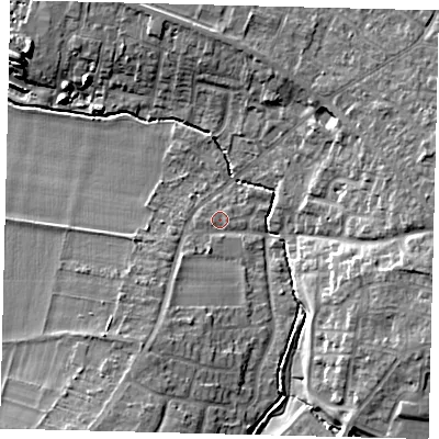 Shaded relief map of the ground around SG54JT, computed from Environment Agency LiDAR. The ground here sits at about 45 m above sea level and falls 11 m across the surrounding 800 m. Surface water reaching this point runs off ground lying to the south-south-west, 1.7 m higher.