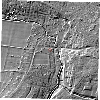 Shaded relief map of the ground around SG54JU, computed from Environment Agency LiDAR. The ground here sits at about 46 m above sea level and falls 11 m across the surrounding 800 m. Surface water reaching this point runs off ground lying to the south-west, 5.8 m higher.