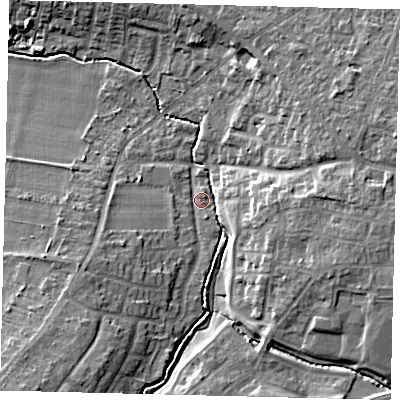 Shaded relief map of the ground around SG54JX, computed from Environment Agency LiDAR. The ground here sits at about 45 m above sea level and falls 11 m across the surrounding 800 m. Surface water reaching this point runs off ground lying to the south-west, 7.3 m higher.