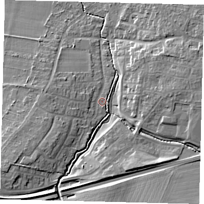Shaded relief map of the ground around SG54JZ, computed from Environment Agency LiDAR. The ground here sits at about 46 m above sea level and falls 13 m across the surrounding 800 m. Surface water reaching this point runs off ground lying to the south-west, 7.0 m higher.