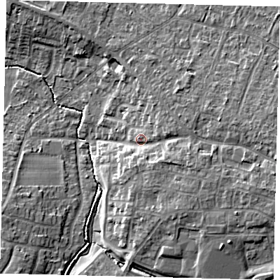 Shaded relief map of the ground around SG54LA, computed from Environment Agency LiDAR. The ground here sits at about 49 m above sea level and falls 11 m across the surrounding 800 m. Surface water reaching this point runs off ground lying to the east-south-east, 5.9 m higher.
