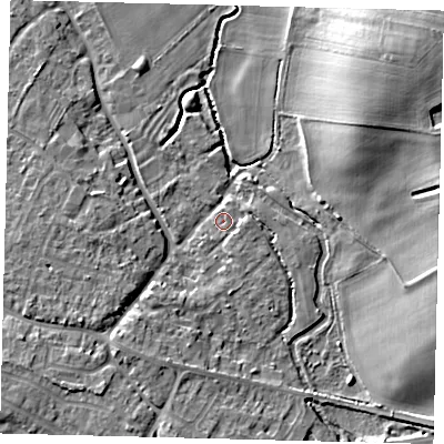 Shaded relief map of the ground around SG54NU, computed from Environment Agency LiDAR. The ground here sits at about 47 m above sea level and falls 18 m across the surrounding 800 m. Surface water reaching this point runs off ground lying to the south-south-east, 2.5 m higher.