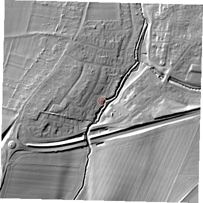 Shaded relief map of the ground around SG54PS, computed from Environment Agency LiDAR. The ground here sits at about 49 m above sea level and falls 15 m across the surrounding 800 m. Surface water reaching this point runs off ground lying to the north-west, 5.2 m higher.