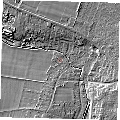 Shaded relief map of the ground around SG54QA, computed from Environment Agency LiDAR. The ground here sits at about 44 m above sea level and falls 11 m across the surrounding 800 m. Surface water reaching this point runs off ground lying to the east-south-east, 8.9 m higher.