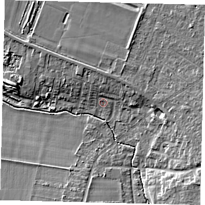 Shaded relief map of the ground around SG54QB, computed from Environment Agency LiDAR. The ground here sits at about 46 m above sea level and falls 11 m across the surrounding 800 m. Surface water reaching this point runs off ground lying to the north-north-east, 3.4 m higher.
