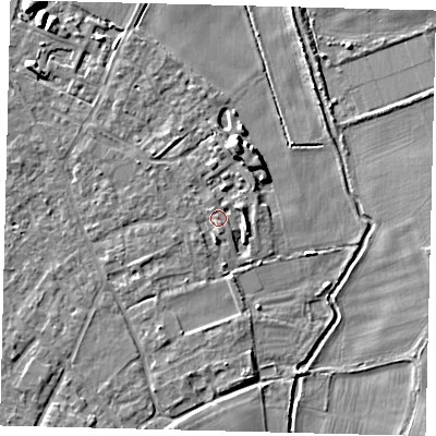 Shaded relief map of the ground around SG54ST, computed from Environment Agency LiDAR. The ground here sits at about 44 m above sea level and falls 8 m across the surrounding 800 m. Surface water reaching this point runs off ground lying to the south-south-east, 1.6 m higher.