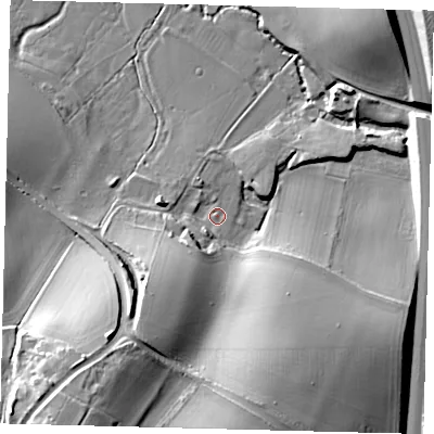Shaded relief map of the ground around SG61AN, computed from Environment Agency LiDAR. The ground here sits at about 57 m above sea level and falls 30 m across the surrounding 800 m. Surface water reaching this point runs off ground lying to the south-west, 16.6 m higher.
