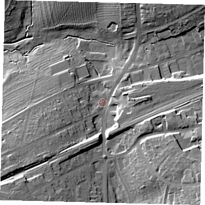 Shaded relief map of the ground around SG61BH, computed from Environment Agency LiDAR. The ground here sits at about 69 m above sea level and falls 26 m across the surrounding 800 m. Surface water reaching this point runs off ground lying to the east-south-east, 18.0 m higher.