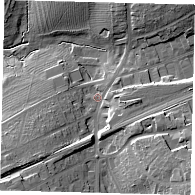 Shaded relief map of the ground around SG61FG, computed from Environment Agency LiDAR. The ground here sits at about 69 m above sea level and falls 26 m across the surrounding 800 m. Surface water reaching this point runs off ground lying to the south-east, 18.6 m higher.