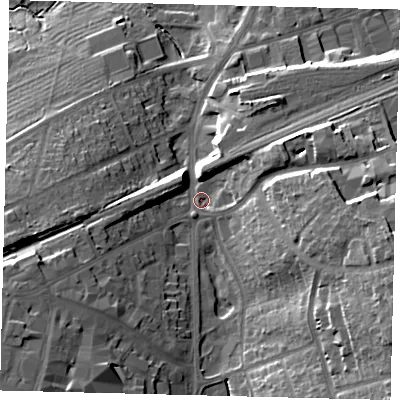 Shaded relief map of the ground around SG61PQ, computed from Environment Agency LiDAR. The ground here sits at about 71 m above sea level and falls 26 m across the surrounding 800 m. Surface water reaching this point runs off ground lying to the east-south-east, 18.1 m higher.