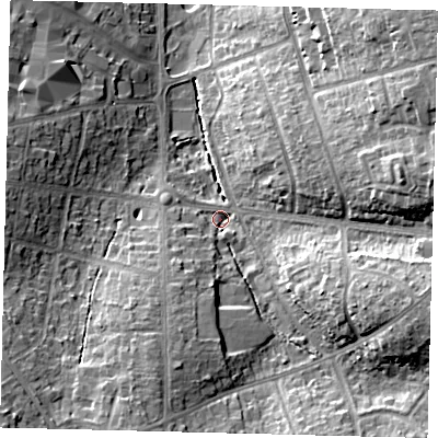 Shaded relief map of the ground around SG61QP, computed from Environment Agency LiDAR. The ground here sits at about 77 m above sea level and falls 20 m across the surrounding 800 m. Surface water reaching this point runs off ground lying to the east-south-east, 12.9 m higher.