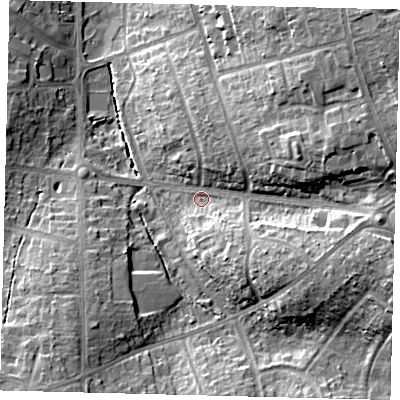 Shaded relief map of the ground around SG61QS, computed from Environment Agency LiDAR. The ground here sits at about 79 m above sea level and falls 20 m across the surrounding 800 m. Surface water reaching this point runs off ground lying to the east-north-east, 12.9 m higher.