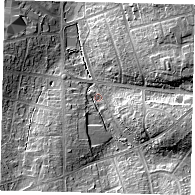 Shaded relief map of the ground around SG61RS, computed from Environment Agency LiDAR. The ground here sits at about 78 m above sea level and falls 19 m across the surrounding 800 m. Surface water reaching this point runs off ground lying to the east-south-east, 13.1 m higher.