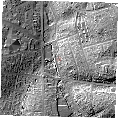 Shaded relief map of the ground around SG61SF, computed from Environment Agency LiDAR. The ground here sits at about 77 m above sea level and falls 20 m across the surrounding 800 m. Surface water reaching this point runs off ground lying to the east-south-east, 14.5 m higher.