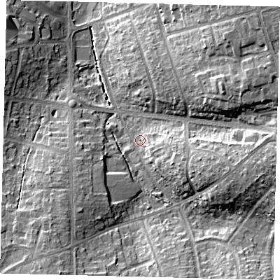 Shaded relief map of the ground around SG61SQ, computed from Environment Agency LiDAR. The ground here sits at about 79 m above sea level and falls 19 m across the surrounding 800 m. Surface water reaching this point runs off ground lying to the east-south-east, 12.3 m higher.