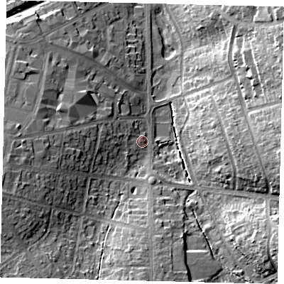 Shaded relief map of the ground around SG61SU, computed from Environment Agency LiDAR. The ground here sits at about 77 m above sea level and falls 18 m across the surrounding 800 m. Surface water reaching this point runs off ground lying to the south-west, 13.2 m higher.
