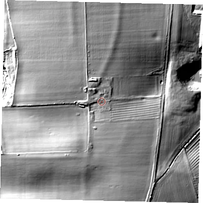 Shaded relief map of the ground around SG64JS, computed from Environment Agency LiDAR. The ground here sits at about 73 m above sea level and falls 22 m across the surrounding 800 m. The ground contributing surface water to this point lies to the north-west.
