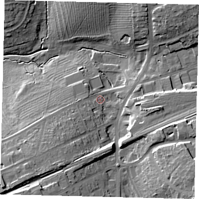 Shaded relief map of the ground around SG64UE, computed from Environment Agency LiDAR. The ground here sits at about 69 m above sea level and falls 24 m across the surrounding 800 m. Surface water reaching this point runs off ground lying to the south-east, 17.4 m higher.
