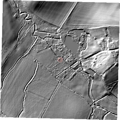 Shaded relief map of the ground around SG75ET, computed from Environment Agency LiDAR. The ground here sits at about 49 m above sea level and falls 19 m across the surrounding 800 m. Surface water reaching this point runs off ground lying to the east, 16.2 m higher.