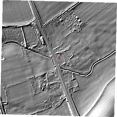 Shaded relief map of the ground around SG75EX, computed from Environment Agency LiDAR. The ground here sits at about 45 m above sea level and falls 12 m across the surrounding 800 m. Surface water reaching this point runs off ground lying to the north-north-west, 3.2 m higher.