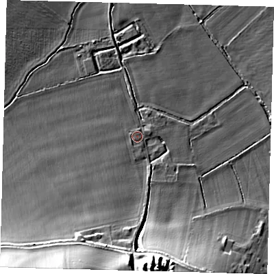 Shaded relief map of the ground around SG75HZ, computed from Environment Agency LiDAR. The ground here sits at about 41 m above sea level and falls 20 m across the surrounding 800 m. Surface water reaching this point runs off ground lying to the south, 18.2 m higher.