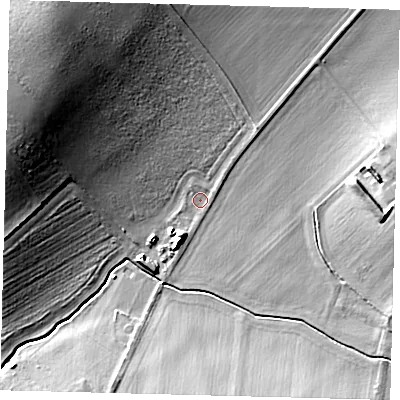 Shaded relief map of the ground around SG75JU, computed from Environment Agency LiDAR. The ground here sits at about 53 m above sea level and falls 28 m across the surrounding 800 m. Surface water reaching this point runs off ground lying to the north-west, 24.3 m higher.
